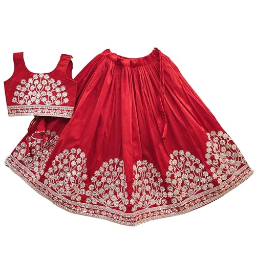 Tejam Kids Girls Taffeta Silk Embroidered Beautifull Latest Crop Top With Lehenga Set For Girls 2 To 8 Years (Red, 7-8 Years)