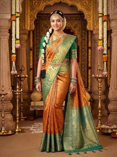 VFCollections Women's Traditional Handloom Kanchipuram Silk Pure Pattu Sarees | Rich Zari Woven Design | Bridal Saree | Unstitched Blouse-8 (VFC725-2)