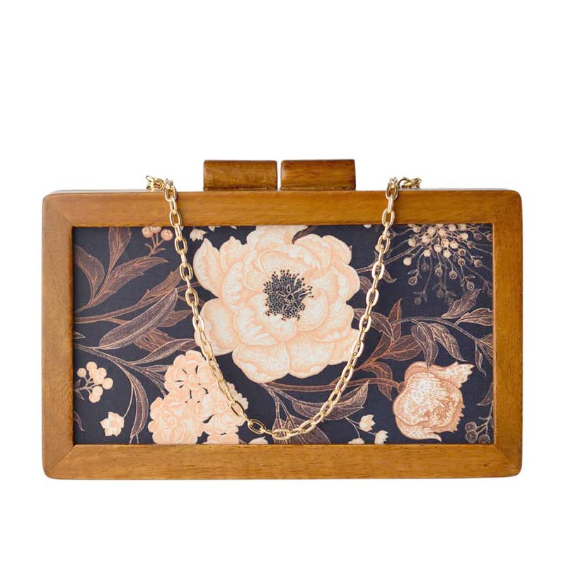 Artklim Bold Black Floral Printed Wooden Clutch