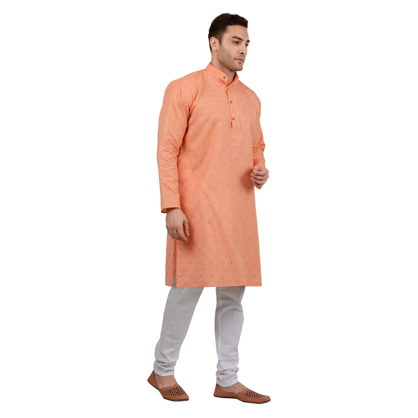 LUCKWIN Men's Cotton Linen Geometric Design Kurta in Orange [LWKurta111-42]