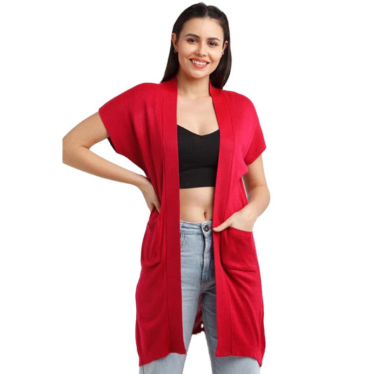 Zink London Women's Red Solid Kimono Sleeve Straight Shrug