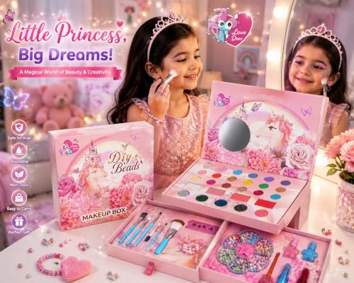 ZYCRONIX Kids Makeup Kit for Girls with DIY Beads, Multi-Layer Unicorn Makeup Box with Eyeshadow, Blush, Glitter, Lipstick, Lip Balm, Nail Polish, Brushes & Jewellery Making Set, Birthday Gift