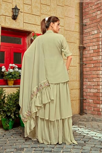 Shampysky Women's Sage Green Georgette Embroidered Jacket Style Gown with Ruffled Dupatta for Wedding XXL
