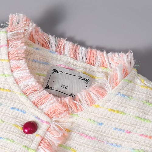 Hopscotch Girls Full Sleeves Beige 2-Pc Fringe Detail Tweed Skirt Set For Ages (18-24 Months)