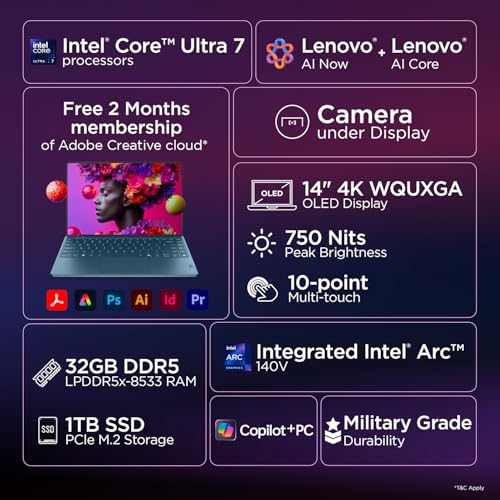 Lenovo Yoga Slim 9 Intel Evo Core Ultra 7 258V Touchscreen Laptop (32GB RAM/1TB SSD/14 (35.5cm)/4K WQUXGA OLED/AI PC AI Now/Copilot+ PC/Windows 11/Office 2024/1Yr ADP/Teal/1.2Kg), 83CX002LIN