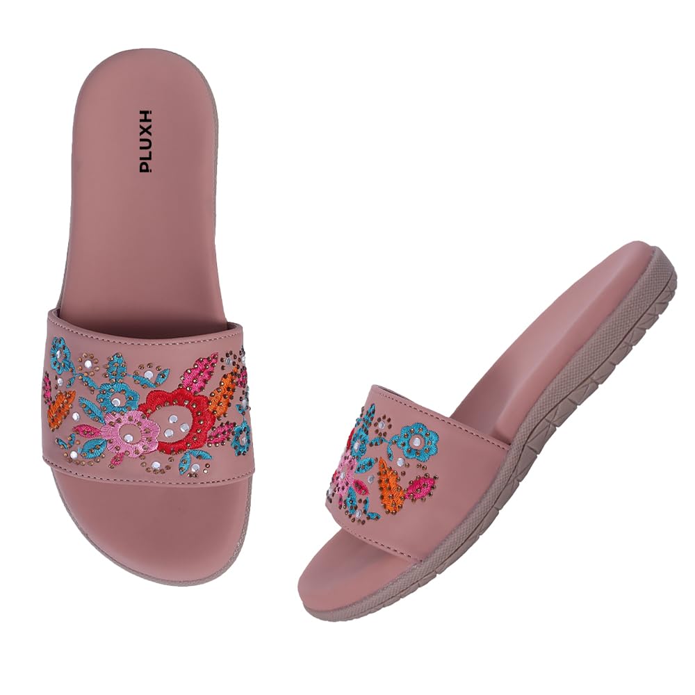 Pluxh Women Embroidered Slide Sandals | Ethnic Floral Slip-On Flats for Women | Comfortable Casual Daily Wear Fashion Sliders|5UK