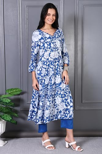 W for Woman Blue Floral Printed Lace Rayon Flared Kurta, Pants and Dupatta Set (Size: M)-WS13005-125923