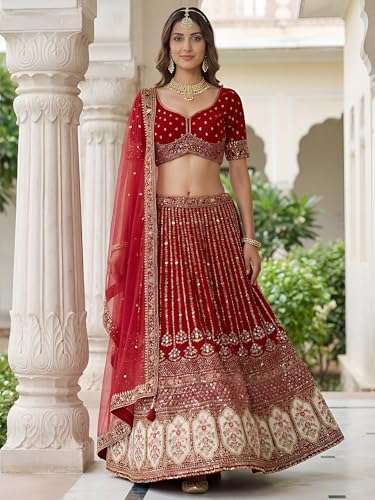 Zeel Clothing Women's Zari, Dori, and Resham With Sequins Embroidered Work Organza Lehenga Choli With Dupatta (5113-Maroon-Women-Lehenga-Choli-Latest; Free size)