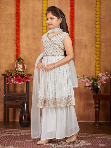 Aarika Girls Ethnic Wear Off White Colour Sequins Zari Embroidery Georgette Kurti Sharara Set (6-16 Years)
