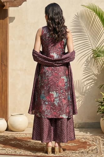 W for Woman Maroon Floral Printed Japanese Satin A-line Kurta with Sharara and Dupatta Set - (WS13585-126545-M)