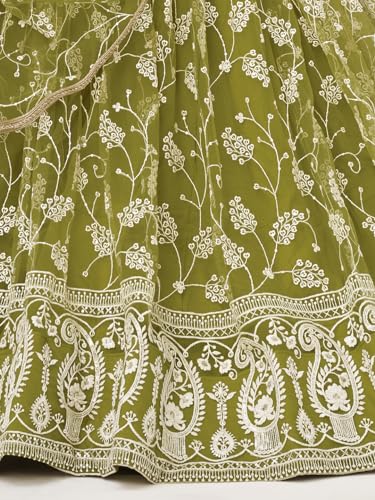 Zeel Clothing Women Embroidered Soft Net Semi-Stitched Lehenga Choli With Dupatta (2126-Olive-Green-Wedding-Stylish-Latest; Free Size)