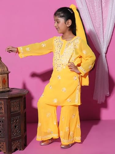 Fashion Chikan Art Chikankari Lucknowi Hand Embroided Gota Patti Kurti,Palazzo and Dupatta Set | Color - Yellow | Size - 11-12 Years