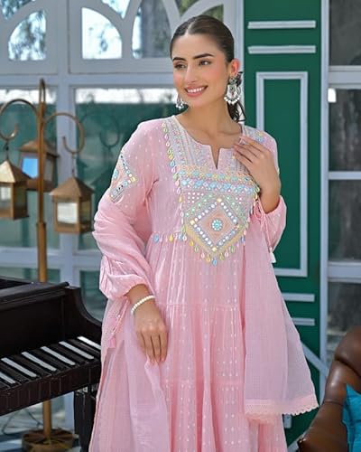 AVYUKTHA | Women Ethnic Motifs Embroidered Empire Kurta Set with Trors & Dupatta | Thread Work Fit Ethnic for Women | Pink, Size- S