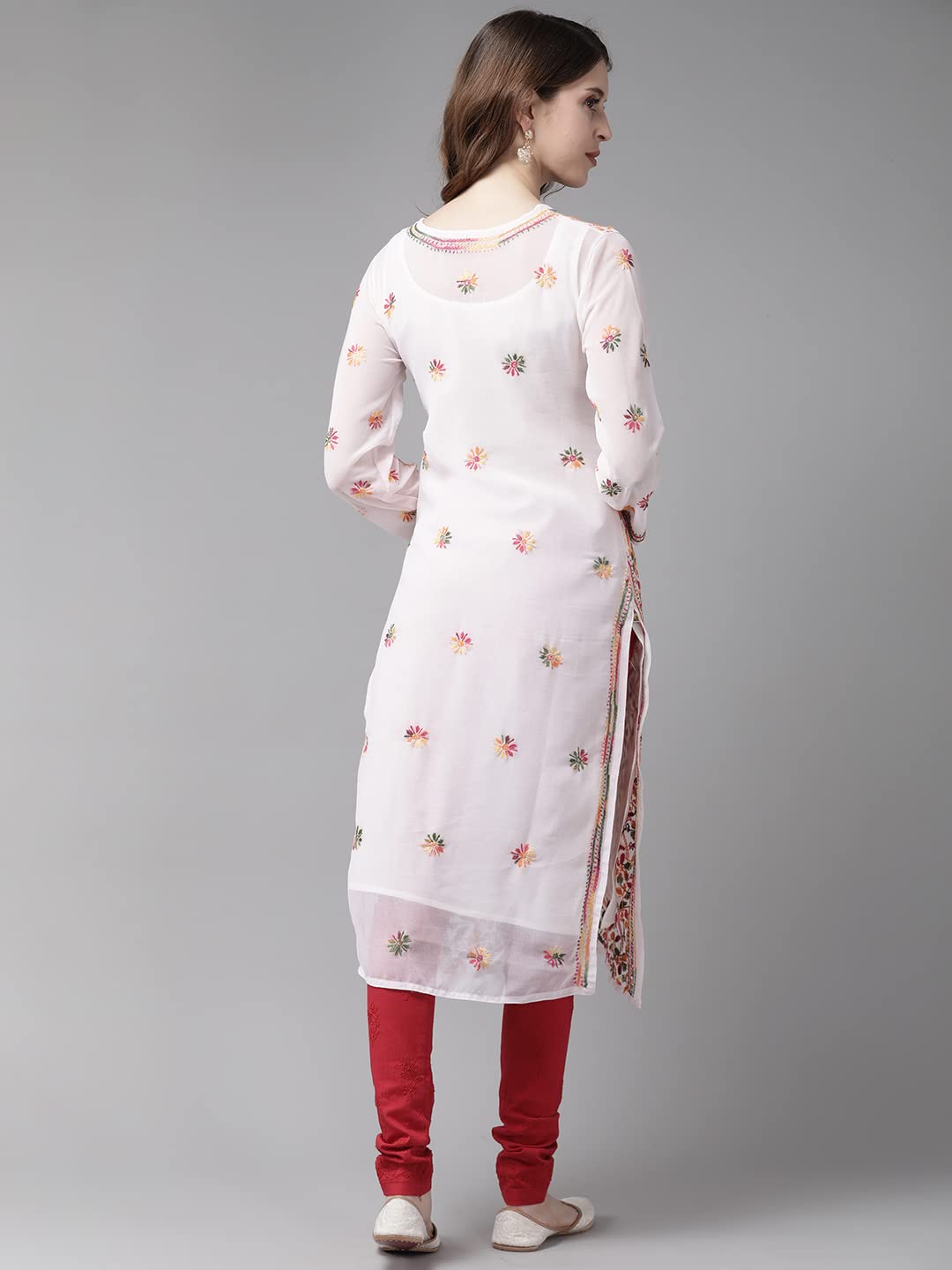 ADA Women's Handmade Faux Georgette Lucknowi Chikan Regular Wear Kurti, Medium(White, A90335)