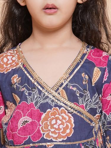 Bitiya By Bhama Girls Blue & Pink Floral Printed Angrakha Pure Cotton Gotta Patti Kurta With Sharara(TKS104)