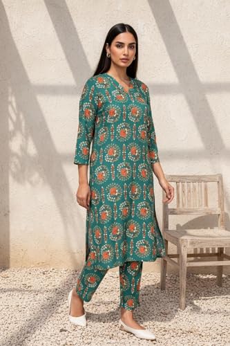 W for Woman Green Floral Printed Rayon Straight Kurta with Straight Pant and Dupatta Set (WS13526-127092-L)
