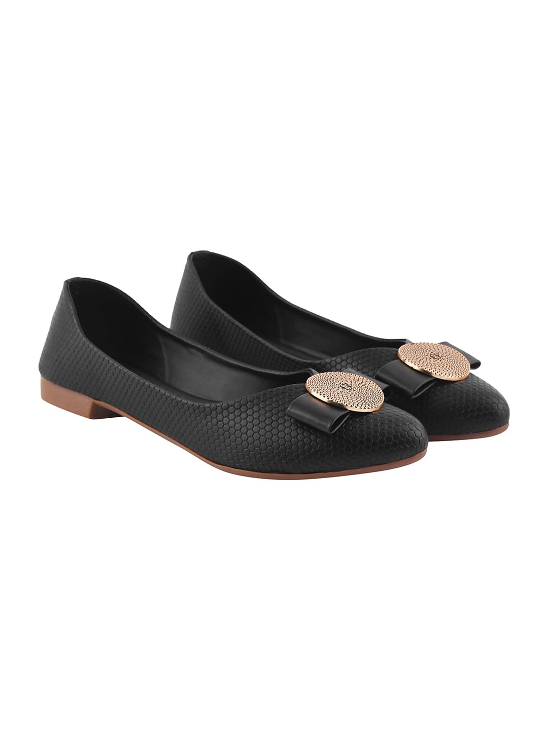 GLEMATOZ Women's Black Ballet Flats – Textured Slip-On Bellies with Decorative Bow & Gold Button | Elegant Casual & Office EU40