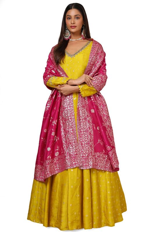 Soch Womens Mustard Silk Blend Zari Woven Panelled Gown with Beads and Stones