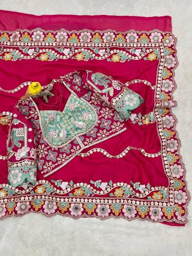 Bhagyavati Designer Soft Rangoli Silk Saree for Women with Mirror & Sequins Embroidery, Cutwork Border & Stitched Blouse (RaniPink)