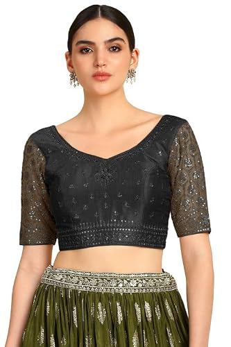 Soch Womens Black Zari Embroidery Silk Blend Padded Blouse with Sequins