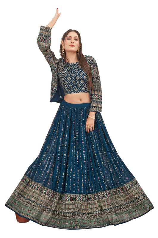 Samprag Georgette Lehenga Choli Set for Womens | 3/4 Sleeve |Round Neck |Ideal for Wedding & Party Occassions | Blue | XL