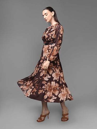 Kazo Floret Maxi Dress with Belt (Brown_XL)