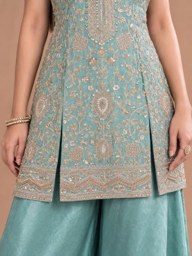 Varanga Women Sea Blue A Line Kurta Palazzos Set V Neck Sleeveless Chinon