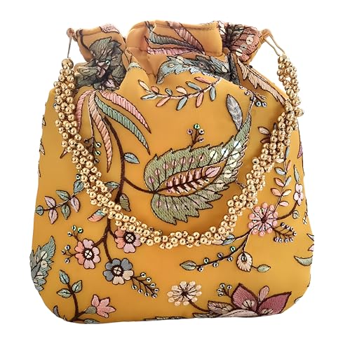 DUCHESS Women's Embroidered Polti Bag with Pearl Handle and Tassel - Bridal Ethnic Traditional Casual Purse/Clutch/Handbag, (21 L X 2 W X 23 H C, Lemon)