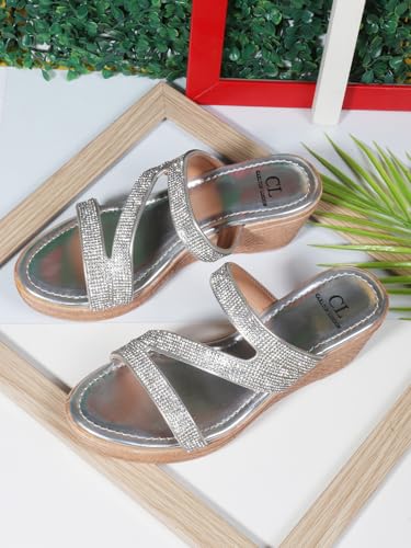 Carlton London Women Silver Comfortable Embellished Ethnic Sandal with Wedge Heels, Round Toe for Casual Use, Office and Daily Use (40)