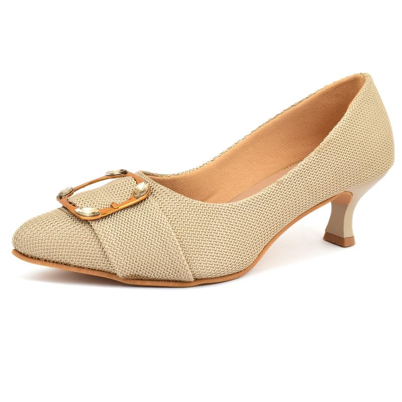 XE Looks Women's Beige Elegant Pointed Toe Heels | Beige Textured Design with Gold Buckle Accent | Stylish & Comfortable Kitten Heels For Girls & Women