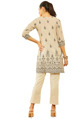 Soch Womens Beige Poly Muslin Floral Printed Kurta with Cutdana