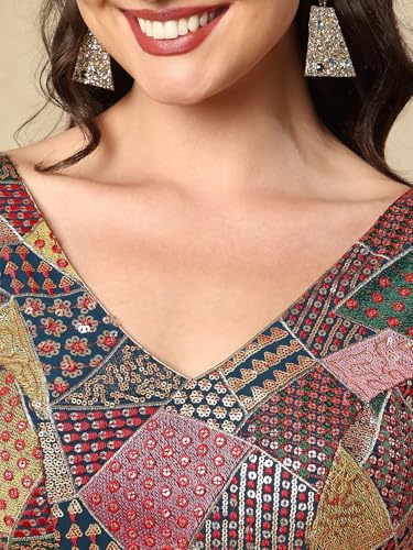 S SALWAR STUDIO Blue Embroidered V Neck Sleeveless Readymade Saree Blouse