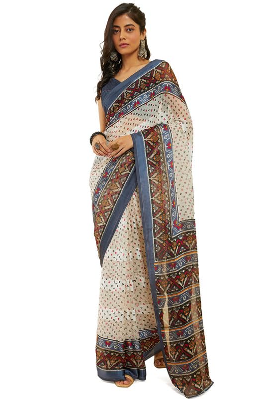 Soch Womens Grey Bandhani Print Chiffon Saree