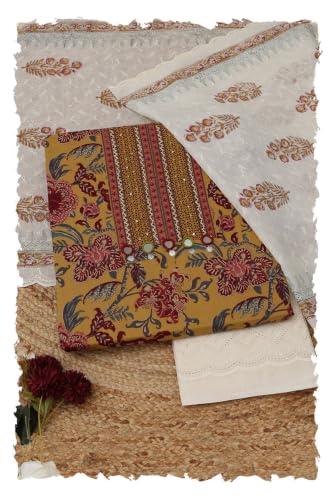 Soch Womens Mustard Cotton Botanical Dress Material With Hand Embroidery and Mirror Work