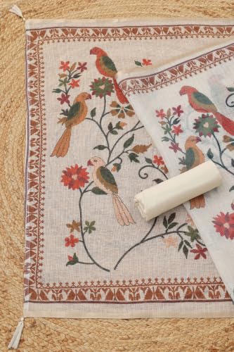 Soch Womens Beige Kota Botanical Printed Kantha Embroidered Dress Material