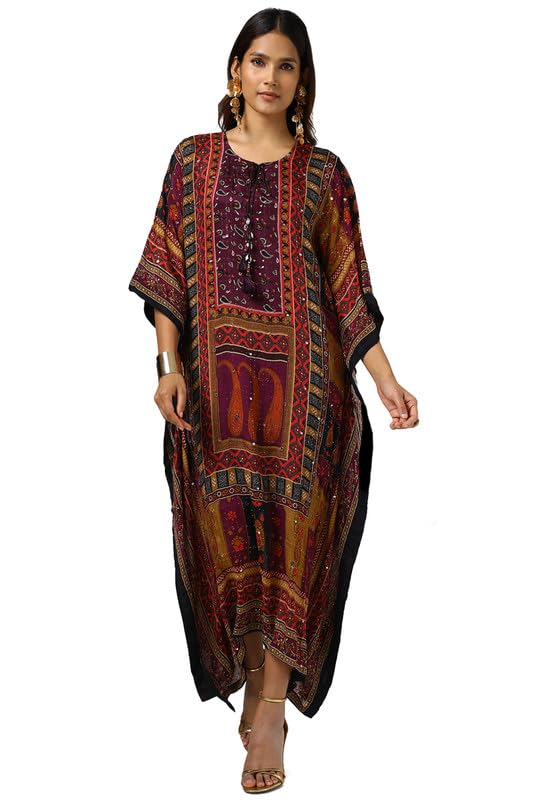 Soch Womens Multicolour Chinon Ethnic Motifs Kaftan with Faux Mirror and Sequins