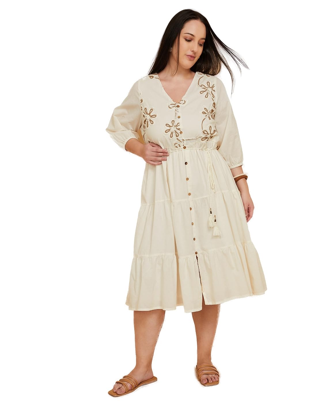 Max Women Embroidered Tiered Dress (Off White_6XL)