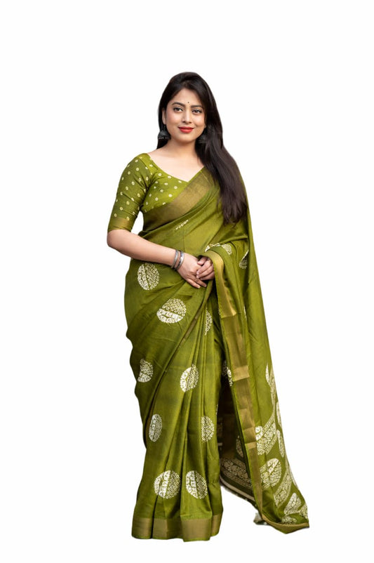 Bhuwal Fashion Women's Cotton Crepe Batik Print Saree With Blouse Piece (black) (green)