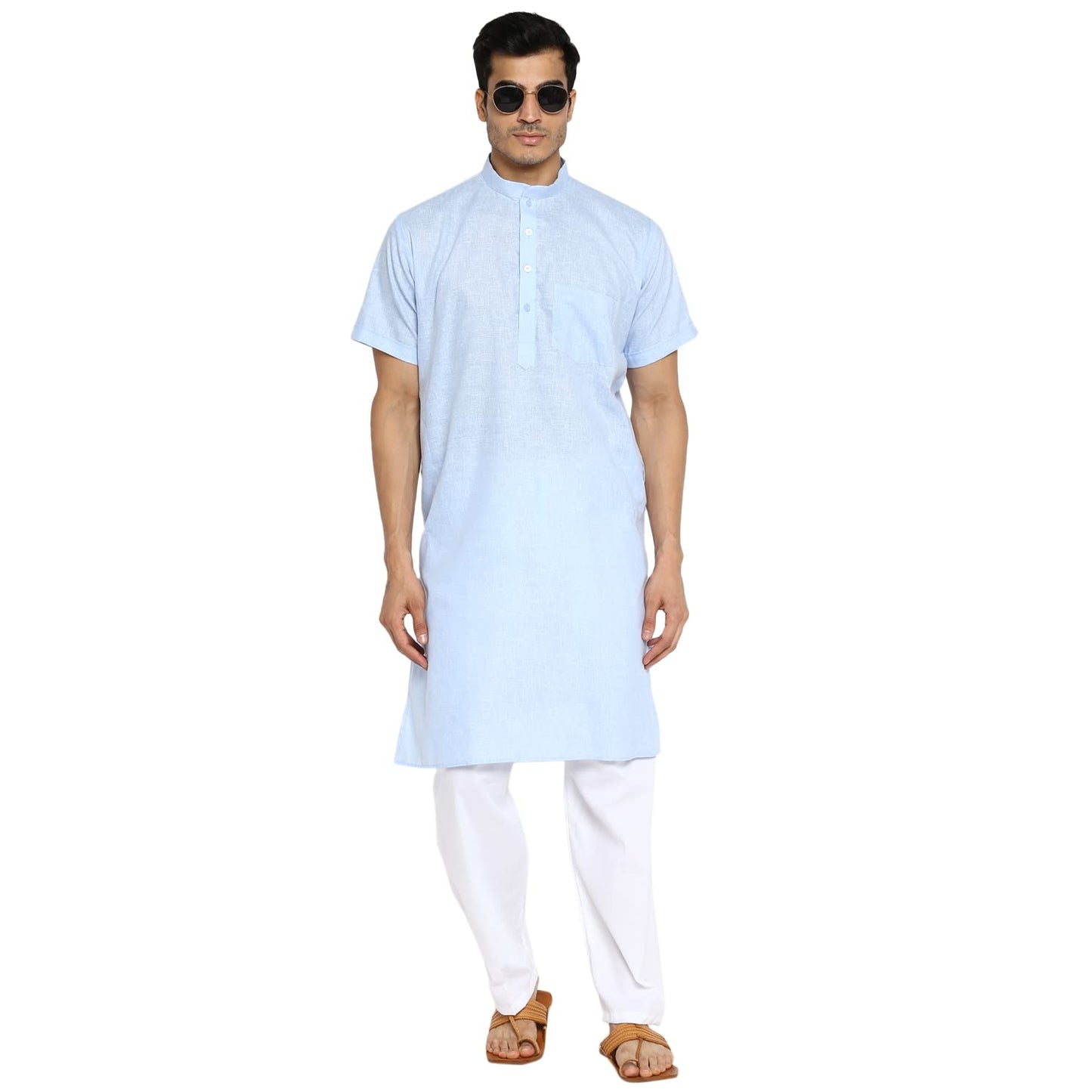 Royal Kurta Mens Cotton Linen Half Sleeved Long Ethnic Kurta (42, Blue)