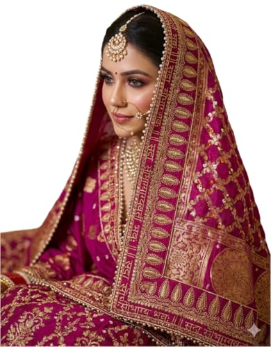 Navti Creations Wedding bridal Dupatta in banarasi silk with sada Saubhagyawati bhaw Embroidery border and 4 side moti lace (Pink (Rani))