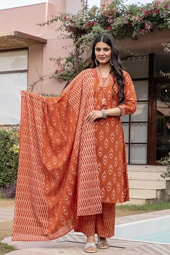 Pistaa's Women's Pure Cotton Anarkali Printed Kurta with Palazzo & Dupatta Set (Rust, XXX-Large)