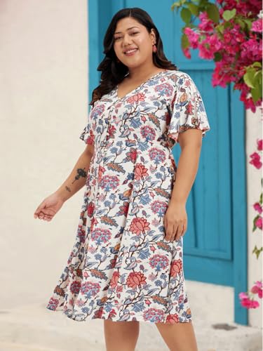 wild U Women Plus Size Western Dress | Floral Print | Midi | Rayon Fabric | Stylish (Off White Pink, Size: 6XL)