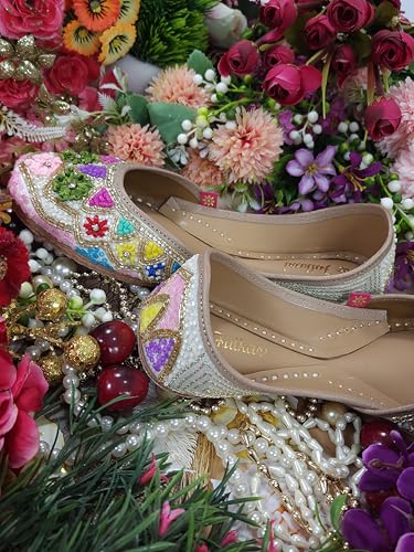 Fulkari Women Flowers Beige Gold Multi Formal Genuine Soft Leather Jutis | Bite and Pinch Free Juttis | Punjabi Jutti | Girl's Wedding Flat Ladies Mojari Ethnic Juti | 40