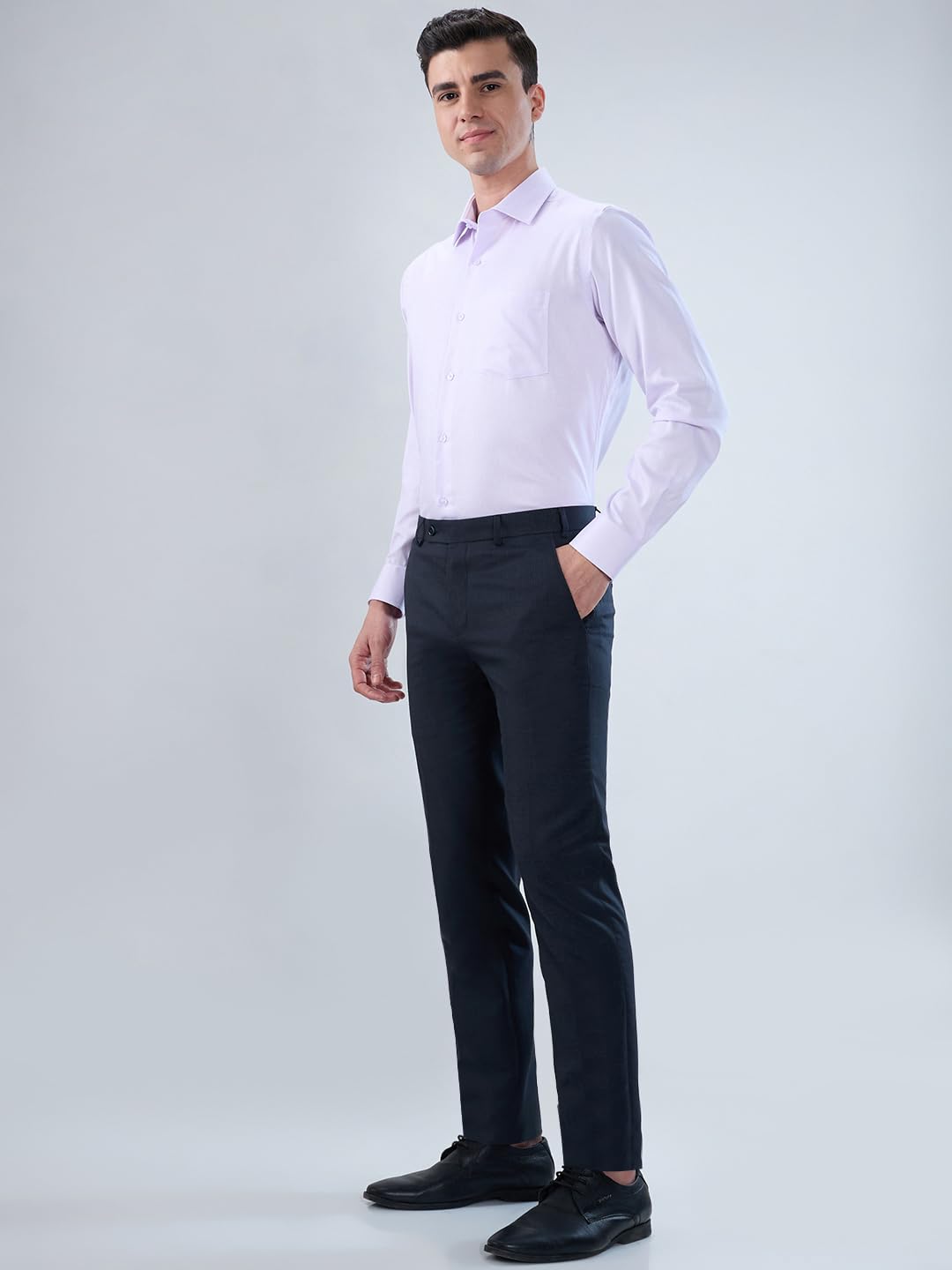 Raymond Men Slim Fit Checks Pattern Polyester Blend Flat Front Formal Trouser Dark Blue