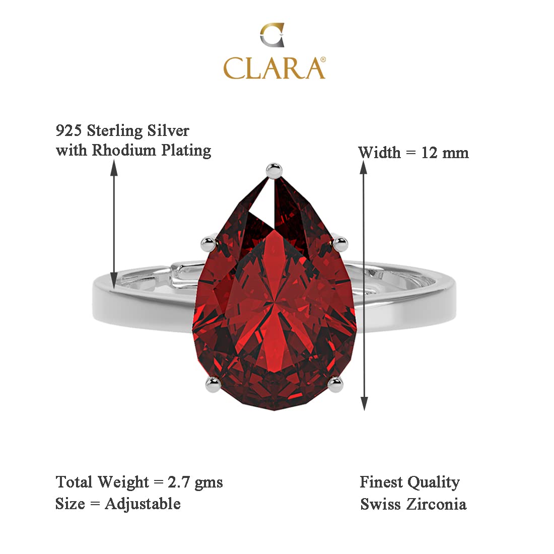 CLARA 925 Sterling Silver Blood Red Tear Drop Ring with Adjustable Band | Rhodium Plated, Swiss Zirconia | Gift for Women & Girls