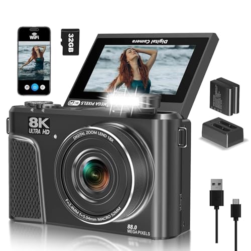 CAMKORY 8K Digital Camera, 88MP Vlogging Camera for YouTube/Photography with 3" 180° Flip Screen, Fill Light, WiFi, Filters, Beauty Features Includes 32GB SD Card & 2 Batteries, Matte Black