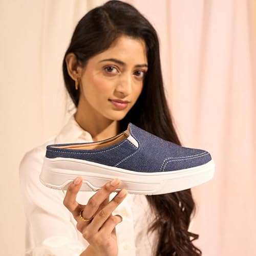 FAUSTO FST FJDWC-7014 NAVY-38 Women's Navy Blue Fashion Classic Stitched Upper Denim Open Back Slip On Height Enhancer Casual Shoes (5 UK)