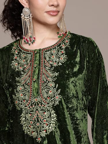Aarke Ritu Kumar Bottle Green Nazara Festive Round Neck Kurta With Pant And Dupatta