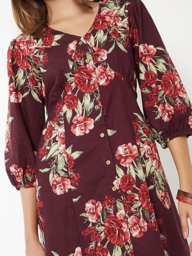 Max Women Floral Print A-line Dress(Red_S)