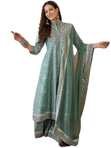 AVYUKTHA Silk Kurta Palazzo & Dupatta Set For Womens | Regular Fit | 3/4 Sleeve | V Neck | Printed Embroidery | Lightweight & Comfortable | Ethenic Dress | Ideal For Weddings & Parties | M | Teal
